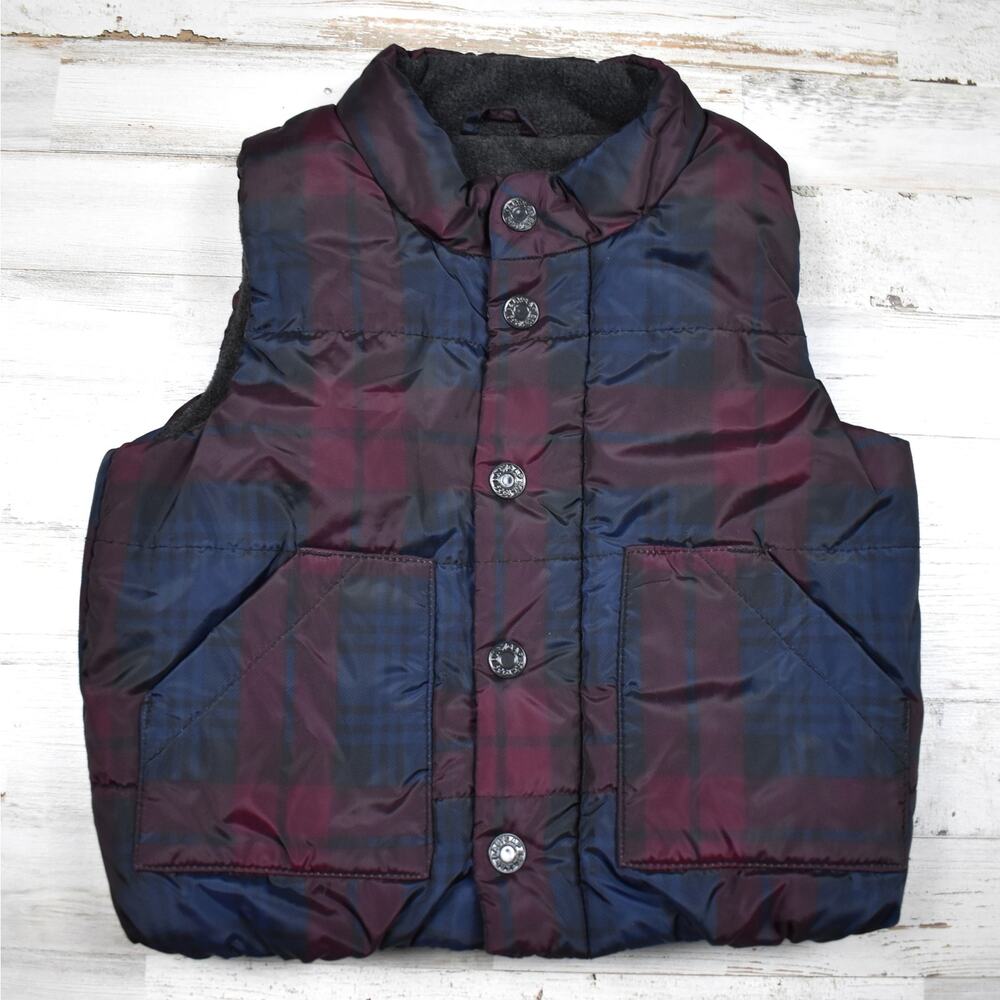 Baby Gap Navy/Maroon plaid fleece lined zip up snap puffer vest sz 18-24 months